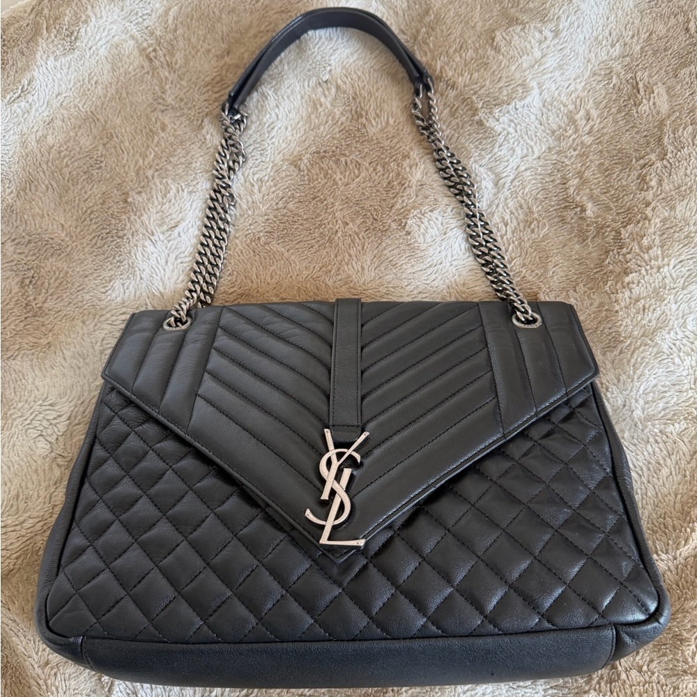 Saint Laurent YSL Large Soft Triquilt Black Envelope Silver Chain Quilted Bag